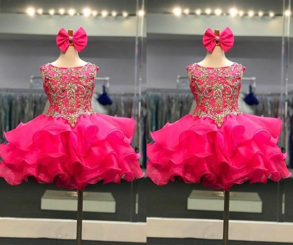 

fashion fuchsia cupcake toddler infant 2022 little girls pageant dresses jewel neck ruffles organza mini short qinceanera flower girl first, White;red