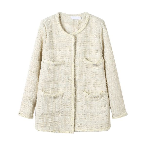 Blazer da donna in tweed scozzese beige bianco Capispalla Tasca con bottone C0170 210514