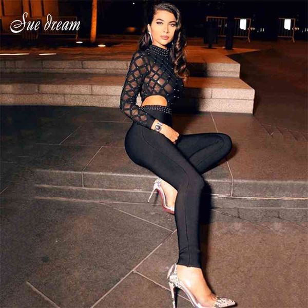 

spring women's mesh patchwork hollow rivet perspective bodycon bandage jumpsuit elegant eveningclub party 210519, Black;white