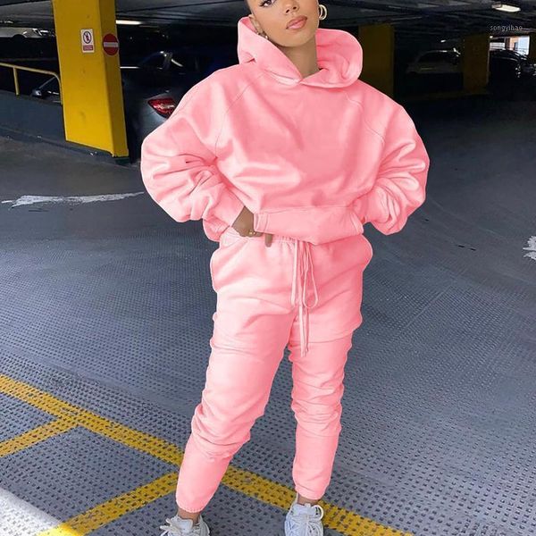 

fashion women's sports sets winter hooded long sleeve pullover sweater pure color casual suit ladies +pants high qual tracksuits, Gray