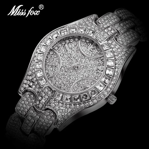 

wristwatches drop missfox aarabic alphabet watch men baguette diamond analog quartz iced out watches hip hop stylish for, Slivery;brown