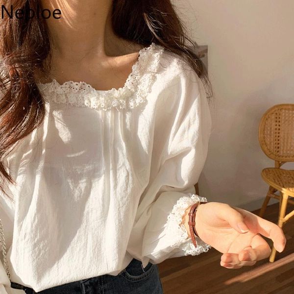 

women's blouses & shirts neploe lace patchwork blouse women spring 2021 solid square collar puff sleeve ladies blusa loose casual femal, White