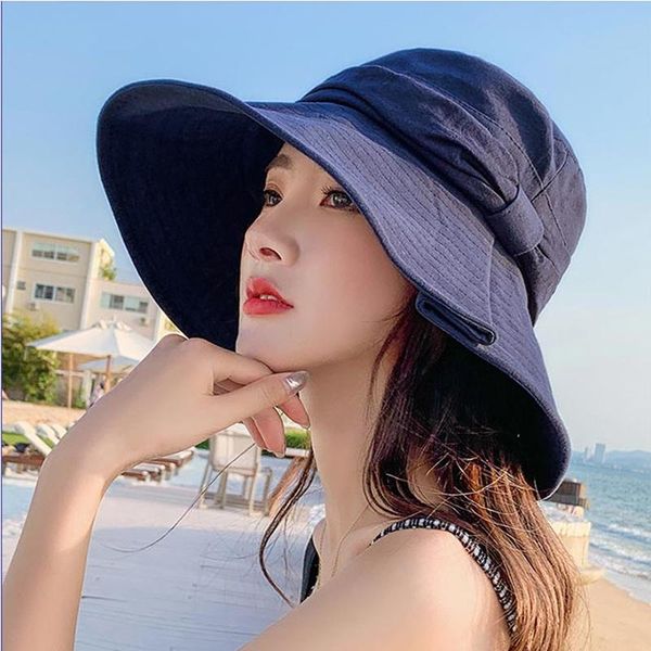 

anti-uv wide brim cotton linen sun hat for women vacation summer panama foldable bucket large beach basin hats, Blue;gray