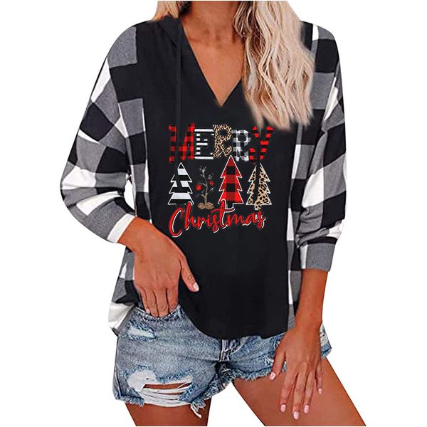 

new women's christmas elements plaid long sleeve sweatshirt top, Black