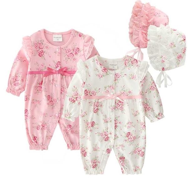 

floral ribbon born baby girl clothes ruffles long sleeve princess jumpsuit spring infant girls bodysuit+ hats 211101, Blue
