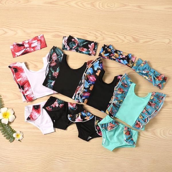 

0-3y born toddler kids baby girls swimsuit floral ruffle bikini summer casual 3pc beachwear outfit 2021 clothing sets, White