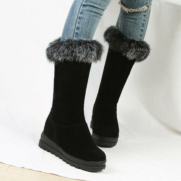 

boots winter women's suede snow platform pull on thick fur lining mid calf, Black