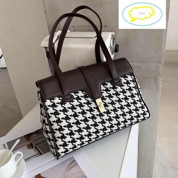 

women's large-capacity handbags 2021 trendy fashion hit color houndstooth woolen shoulder bag wild tote bags