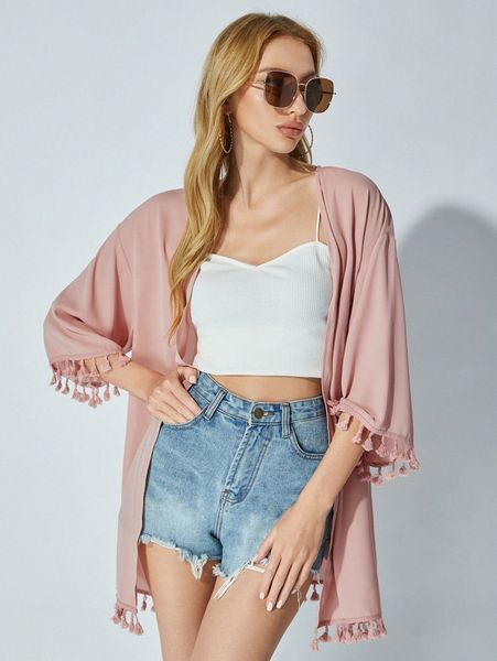 

open front drop shoulder tassel hem kimono v46h#, White;black