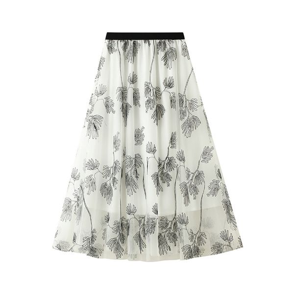 

skirts spring autumn high waist print mesh maxi skirt women vintage patchwork a-line long pleated woman black ladies clothes fny0