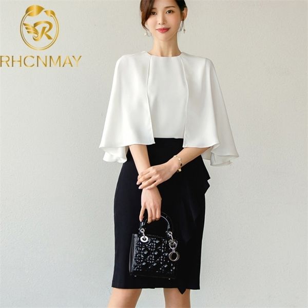 

korean style summer cloak loose solid shirt + high waist sheath bodycon pencil skirt 2 pieces business suits set 210520, White
