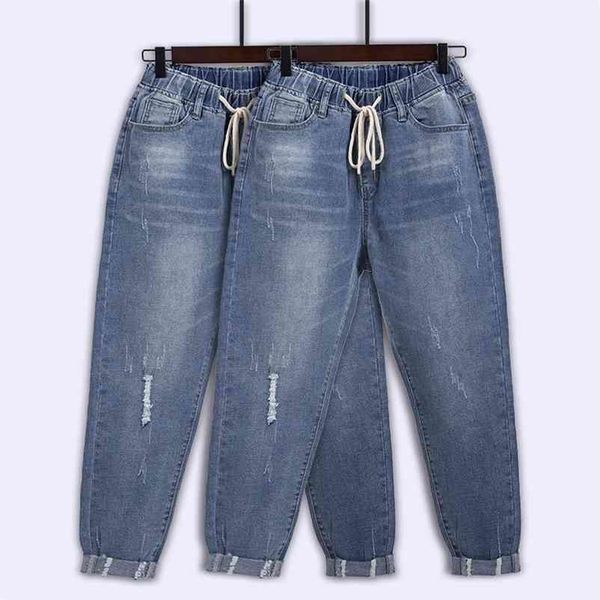 Kadınlar Için Yırtık Kot Yüksek Bel Artı Boyutu İpli Gevşek Denim Harem Pantolon Femme 5XL 6XL 7XL 130KG 210629