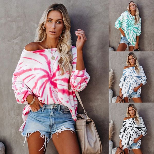 

autumn and winter 2021 women's tie dyed loose diagonal shoulder long sleeve t-shirt, White