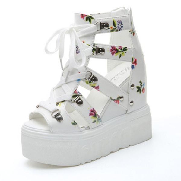 

sandals print leisure wedges women's shoes 2021 summer women platform shoelaces high heels casual woman, Black