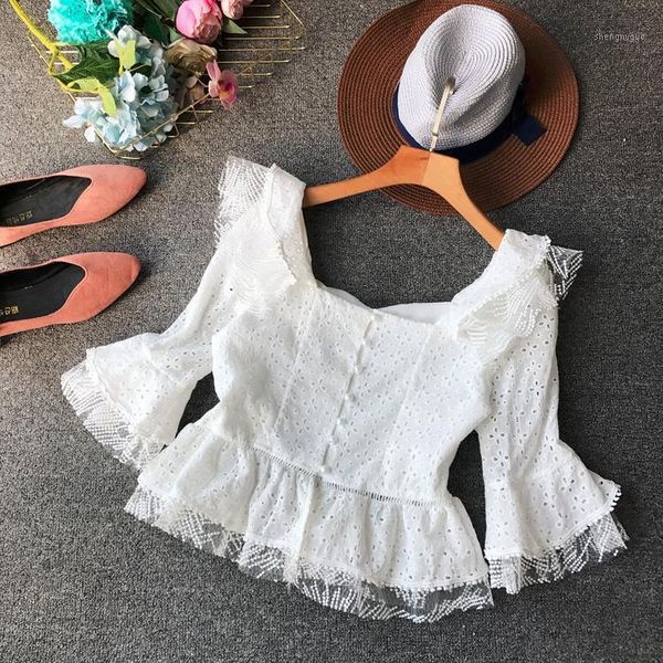 

women chic autumn vintage court fashion lace embroidered square collar high waist ruffle short crop shirt blouse e356 women's blouses, White