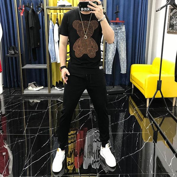 

men's tracksuits summer cartoon diamond shiny craft soft fabric tracksuit comfortable t-shirt loose round neck sweatshirt + pants, Gray