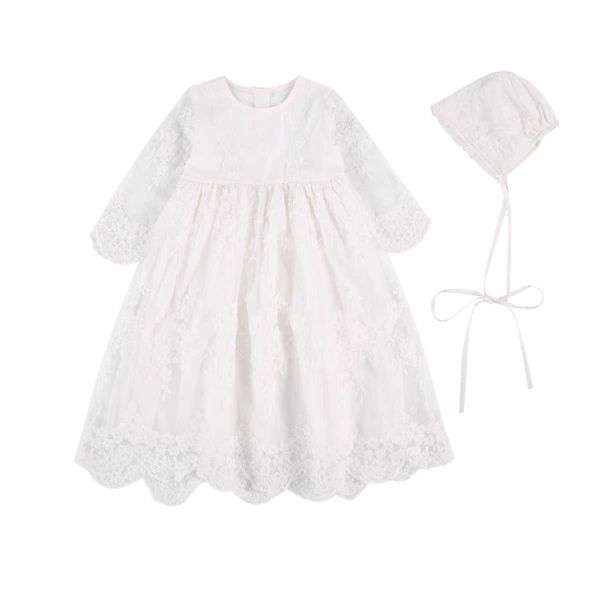 Kleinkind Baby Mädchen Taufe Outfit, Taufe bestickte Spitze Langarm Kleid Kleid mit Mütze 2-teiliges Kleidungsset Q0716