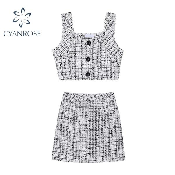 

women's woolen blends elegant plaid outfits office ladies singel breasted tanks or vest+crop skirts retro party 2pcs 210515, White
