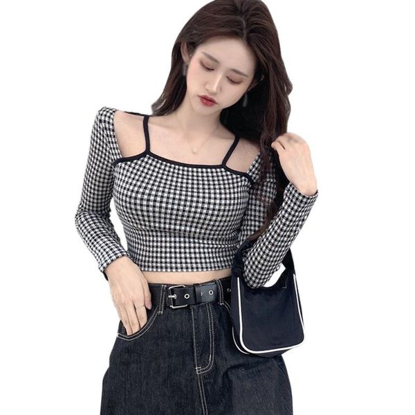 

women's t-shirt daxin plaid square collar tee shirt hollow out female korean ladies long sleeved spring, White