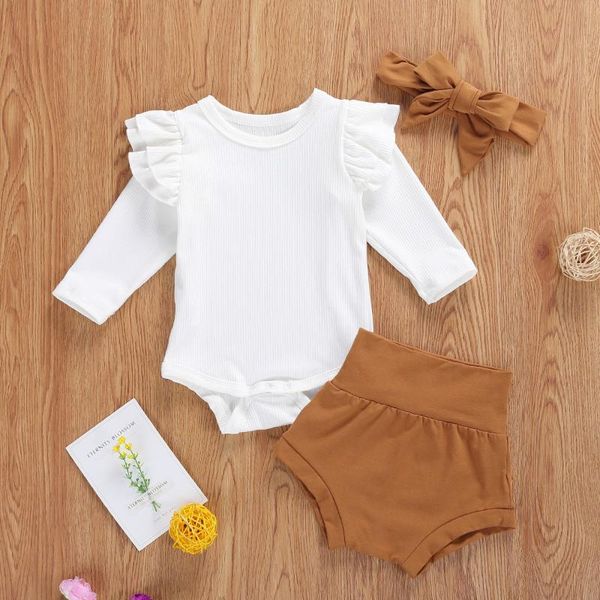 

baby & children's 0-18m born girls sets infant long ruffles sleeve bodysuit casual soild shorts headband outfits clothing, White