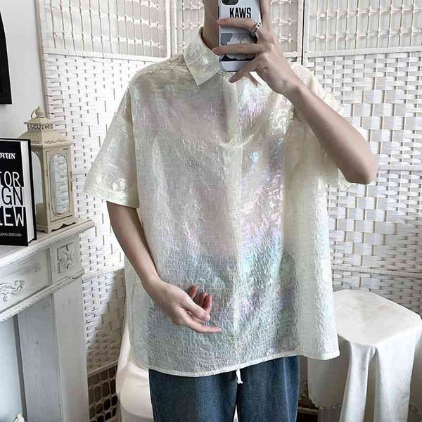 

men's casual shirts summer shiny fashion pullover men streetwear korean loose short-sleeved mens dress s-2xl nupw, White;black