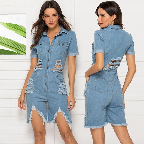 

holes denim jumpsuit women light blue short sleeve shorts office romper summer fashion lapel button lady vestidos women's jumpsuits & r, Black;white