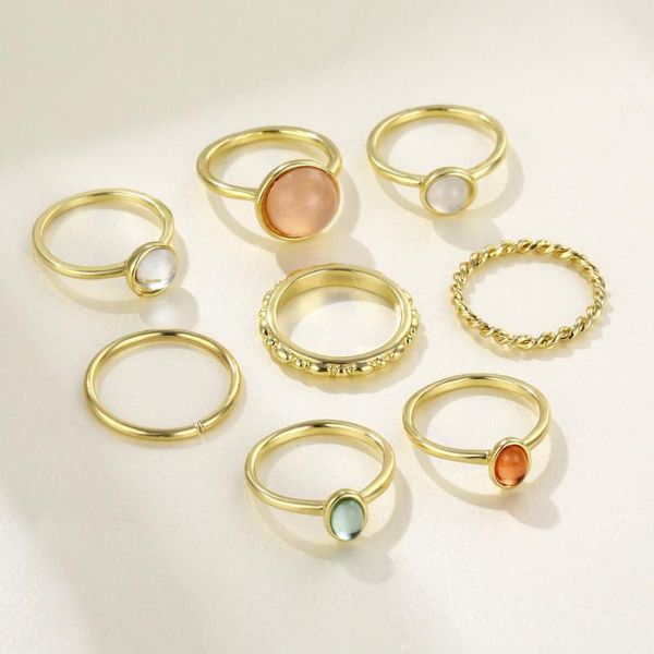 

cluster rings 8pcs/set korea vintage colorful stone chain trendy geometry hit set for women girls jewelry, Golden;silver