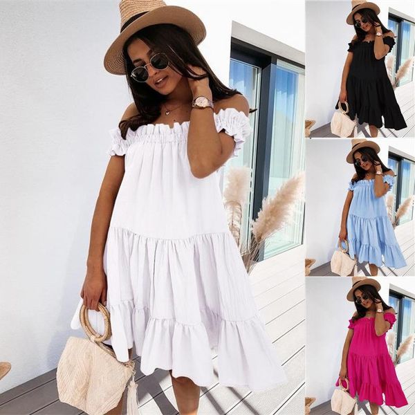 

party dresses women's ear edge one line collar solid dress, White;black