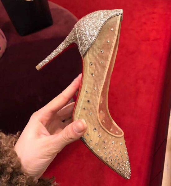 

sandals summer mesh rhinestone stiletto pointed red bottom high heels shallow mouth wedding women's pumps shoes, Black