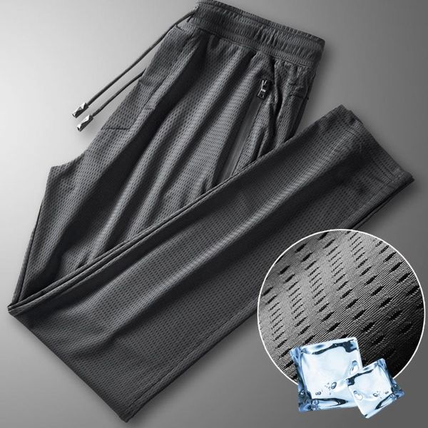 

men's pants big size m-4xl 5xl breathable mesh with zipper pockets summer drawstring ice silk casual trousers men quick drying, Black