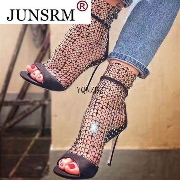 

dress shoes yqnzbz woman 2021 high heels sandals women bling rhinestone mesh ladies party peep toe zipper summer boots, Black