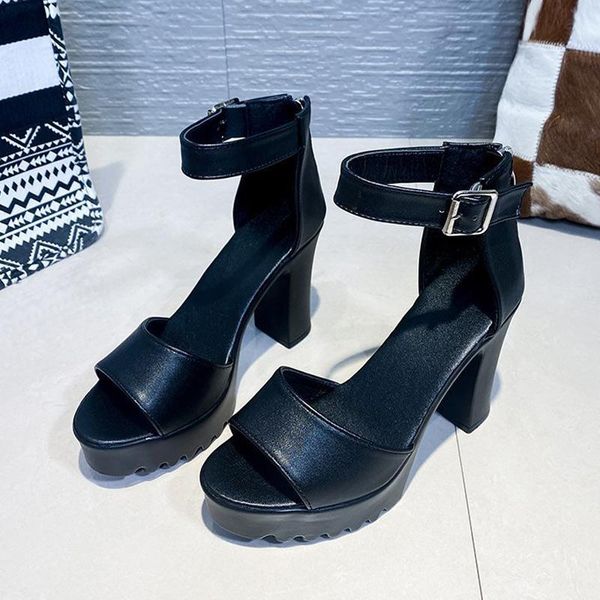 

sandals women's peep toe high heel buckles modern 2021 summer thick bottom ankle bandage paprty ladies casual shoes, Black