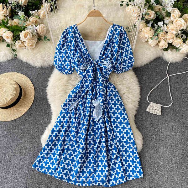 

vestido de mujer summer backless hollow bow slim sweet dress women puff sleeve fashion print bandage party dresses 210422, Black;gray