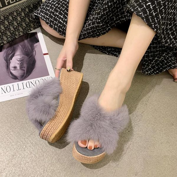 

slippers winter women wedge heel warm real hair women's shoes platform indoor slipper cross slides drop ship, Black