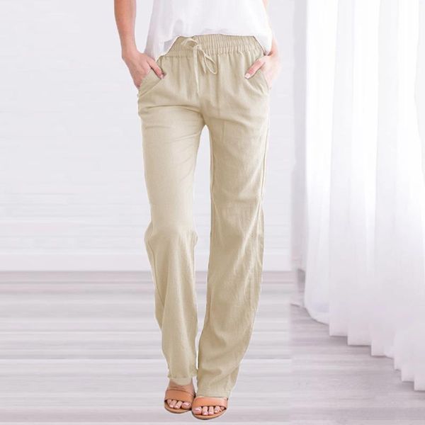 

women's pants & capris women cotton and linen solid drawstring casual pant femme elastic waist long straight cargo pantalones de mujer, Black;white
