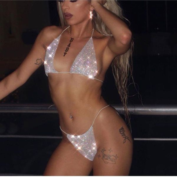 

women's swimwear 2021 shiny diamond bikini swimsuit push up bikinis women mini thong low waist bodysuits for bathing suit #w5, White;black