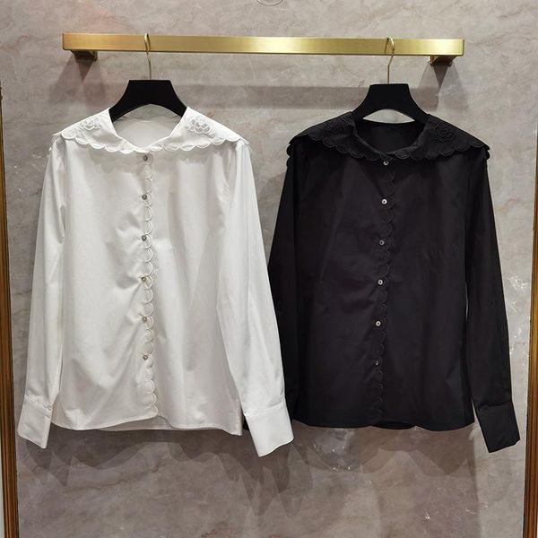 

autumn designer 100%cotton elegant women's shirts sweet floral embroidery sailor collar c424 blouses &, White