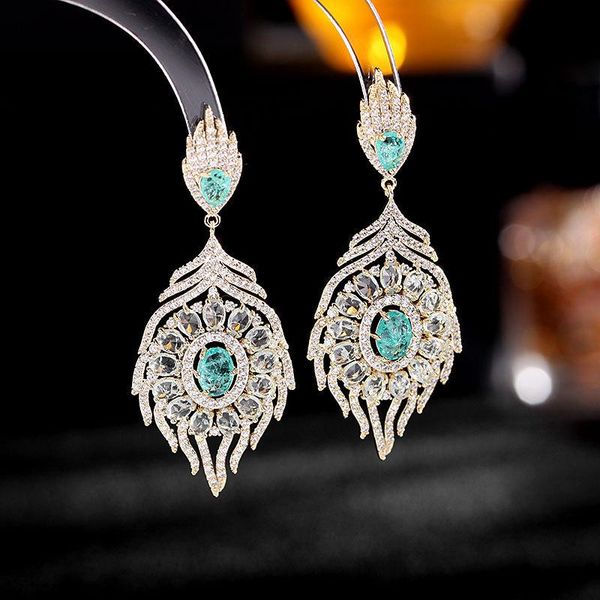 

stud european and american type fashion jewelry women long luxurious earrings elegant green white peacock feather ear studs, Golden;silver