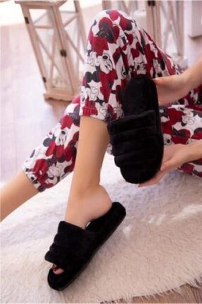 

women's black plush home slippers