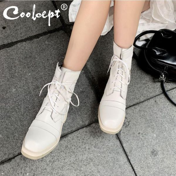 

boots coolcept women short keep warm solid color square heels winter zipper fashion cross strap ridding size 33-401, Black