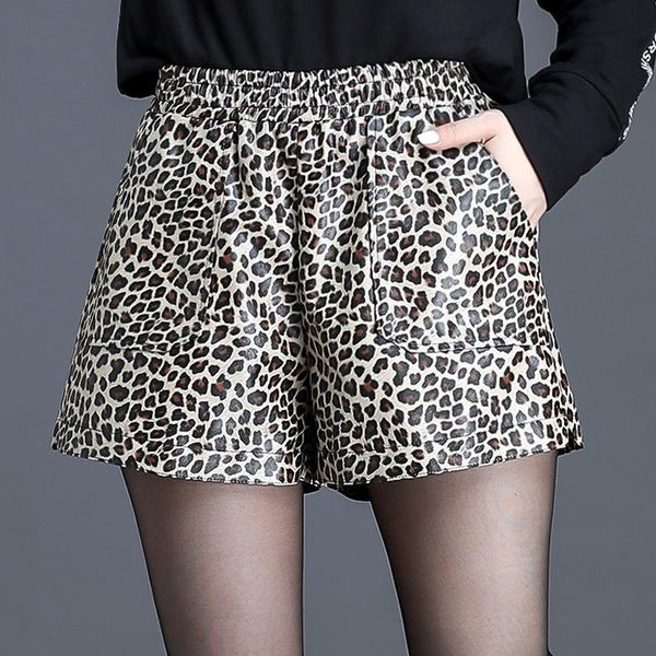 

selling fashion leopard print high waist leather shorts women autumn loose wide leg pu casual women's, White;black