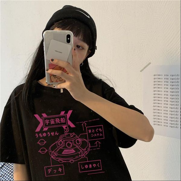 

japan aesthetic womens gothic punk spaceship cartoon cute casual vintage harajuku summer loose kawaii streetwear women t shirt, White