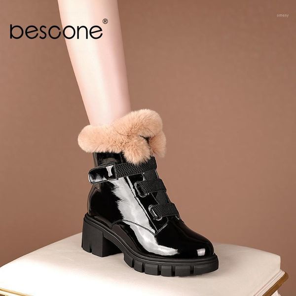 

boots bescone bright leather ankle woman fur wool winter warm round toe high square heel short shoe bm6571, Black