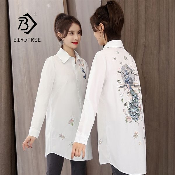 Nuove donne di arrivo Pavone Fiore di pesca Ricamo Camicetta lunga in cotone bianco Camicia femminile a maniche lunghe Colletto rovesciato Top T96420F 210317