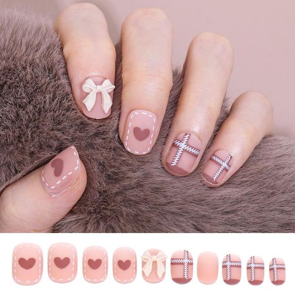 

false nails fashion bow full cover nail art artificial love heart fake, Red;gold