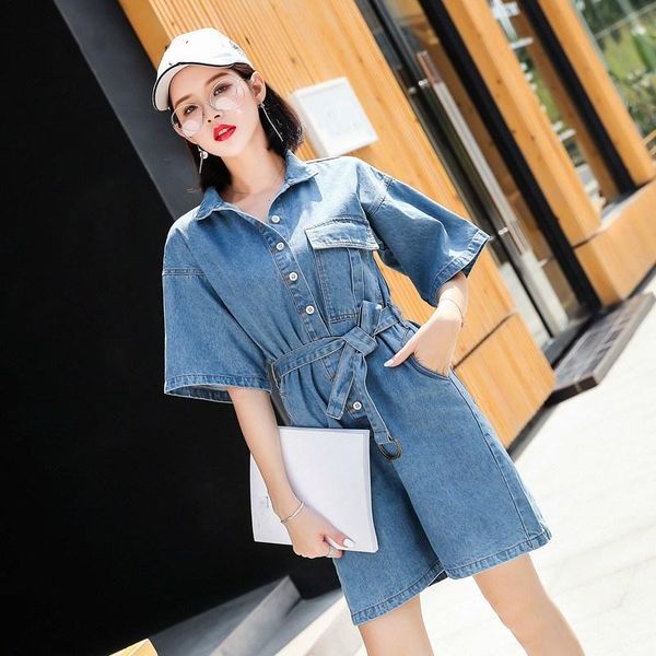 

women's jumpsuits & rompers women short sleeve jeans female casual denim jumpsuit playsuit with belt overall, Black;white