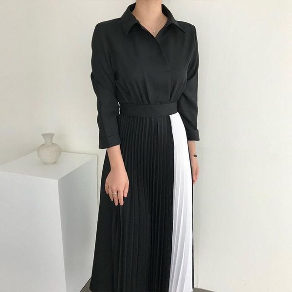 

casual dresses blue pleated dress woman cloth adjustable high waist long-sleeve turn-down collar vestidos business 2021 autumn female, Black;gray