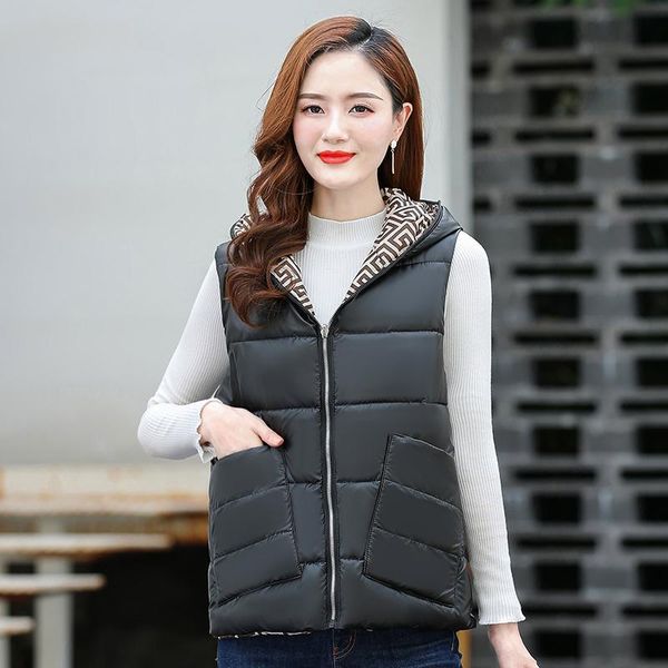 

women's vests sleeveless jacket pockets double side wear ladies hooded zipper cotton padded slim female waistcoat fashion 2021, Black;white