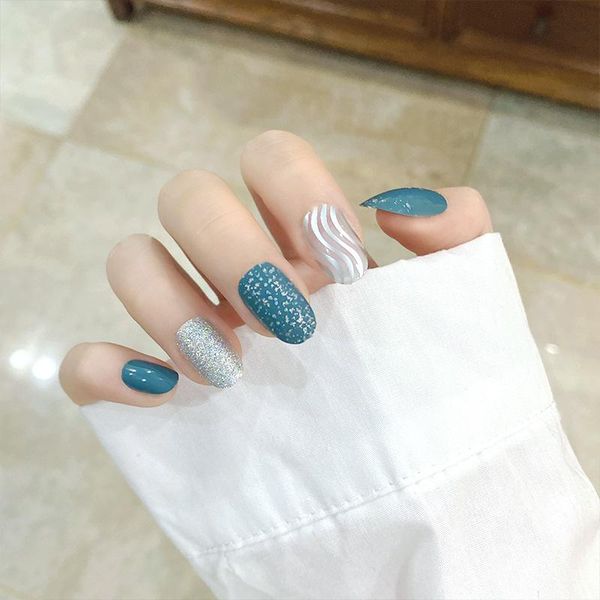 

nail gel fake nails blue gray gold foil water ripple wear stickers finished 24 with glue, Red;pink
