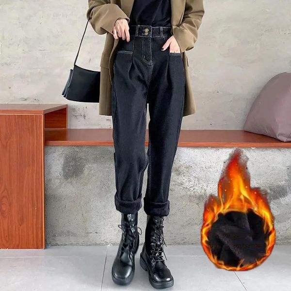 

women's jeans fashion plus size 90kg winter women velvet balck punk streetwear harem pants ankle chic baggy denim, Blue